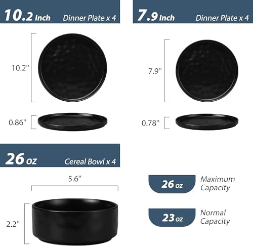 LIANYU 12 Pieces Stoneware Dinnerware Set for 4, Obsidian Matte Black