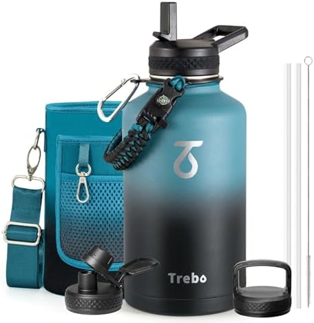 Trebo 64 oz Water Bottle Stainless Steel with 3 Lids, Paracord Handle