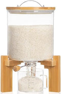 HBlife 8-10 Lbs Glass Rice Dispenser with Wooden Stand Flour and Cereal Container with Glass Measuring Cup Pantry Food Organization Storage Bin with Airtight Bamboo Lid, 5L