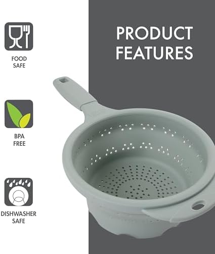 Dexas 8" Collapsible Silicone Strainer in Sage, Kitchen Strainer with