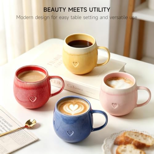 Stoneware Coffee Mugs Set of 4, 12oz Hand-Painted Coffee Cups with