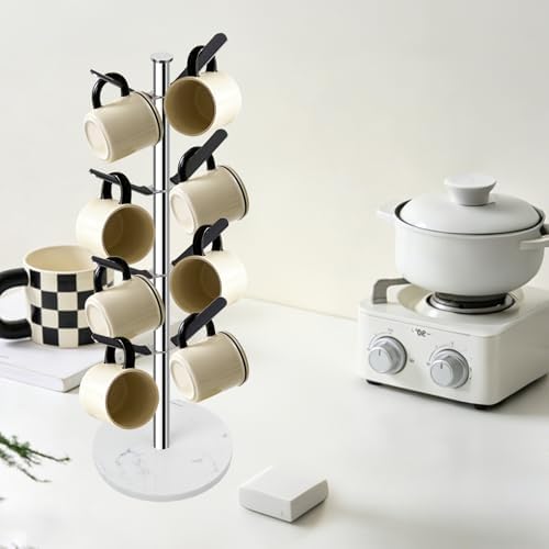 Marble Mug Holder Tree with 8 Hooks, Stainless Steel, Silver