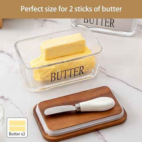 Glass Butter Dish with Acacia Lid & Knife, Covered Butter Holder
