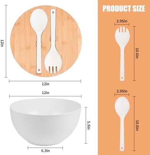 LOVYANXUE Salad Bowl with Lid, 12" Extra Large Bamboo Fiber Salad Bowl with Servers Set for Kitchen, Nature Bamboo Mixing and Serving Bowl with Lid, Spoon and Fork for Fruits,Salads and Vegetables