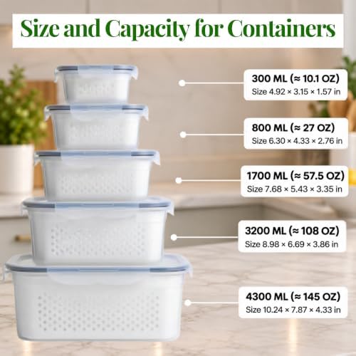 5 Pack Large Fruit Storage Containers for Fridge with Removable
