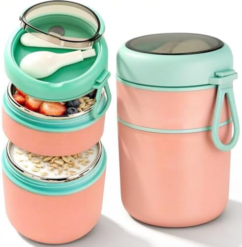 Dual-Compartment Insulated Food Jar with Topping Tray, 24oz Stainless