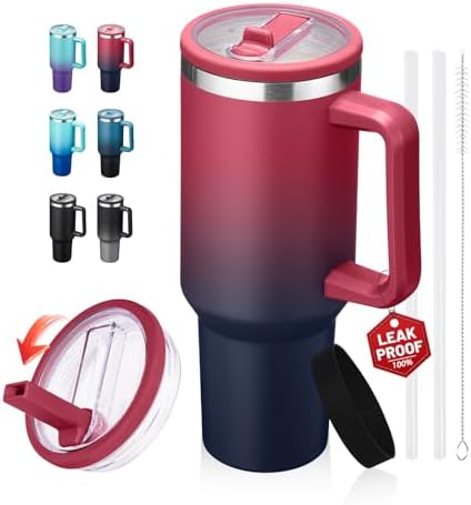 40 oz Insulated Tumbler with Flip Straw Lid - Handle, Leak-Proof