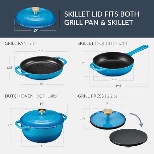 Best Choice Products 6-Piece Cast Iron Cookware Set, Ceramic Coated 6Qt Dutch Oven, 2Qt Skillet W/Lid, 10" Grill Pan W/Press, Non-toxic, Heavy Duty, Gas/Induction Compatible, PFAS Free - Blue