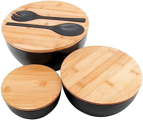 ECOWAY Salad Bowls Set of 3 with Lid & Serving Utensils, Bamboo Fiber Mixing Bowls Set Large Serving Bowls & Storage Set with Bamboo Lid for Salad, Kitchen Eating, Pasta, Popcorn, Chips, Fruit, Black