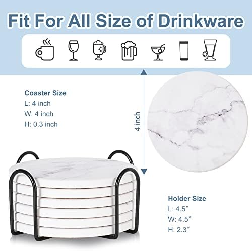 Absorbent Coasters for Drinks,Ceramic Coaster Set of 6 with Holder