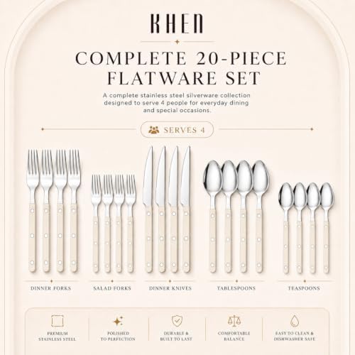 Khen Cutlery Set of 20, 18/8 Stainless Steel Flatware, Modern