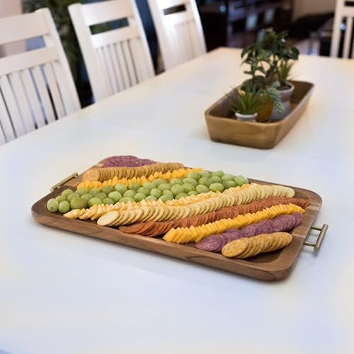 Acacia Wood Rectangle Tray with Gold Color Handles, Wooden Tray with