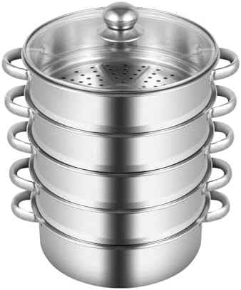 Steamer for Cooking, 5-Tier Stainless Steel Steamer Pot, Multipurpose Stackable Food Steam Pots Kitchen Steaming Cookware with Glass Lid for Induction, Gas, Electric Stoves, Composite Pot Base