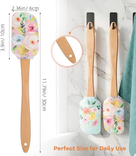 MAGICLULU 2Pcs Floral Silicone Spatula Set with Wooden Handle, Heat