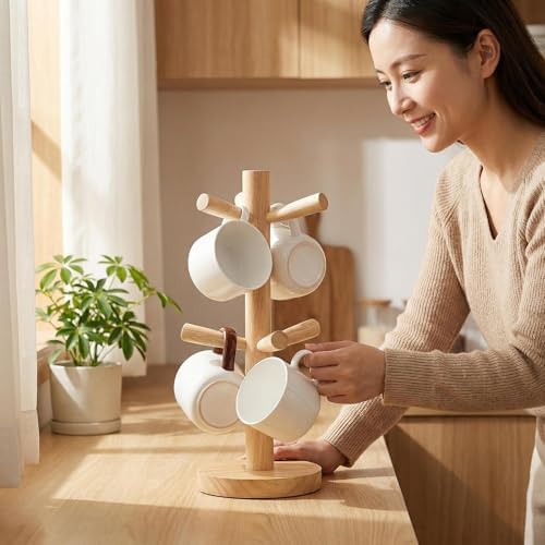 Wooden Mug Rack Tree with 6 Hooks Coffee Cup Organizer Stand for