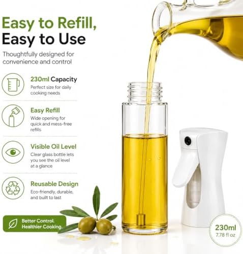 Glass Oil Sprayer for Cooking, 230ml, Black Lid