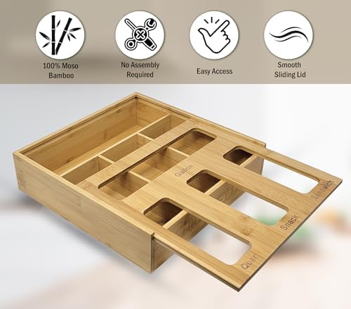 Ziplock Bag Organizer for Drawer – Bamboo Ziploc Bag Holder with
