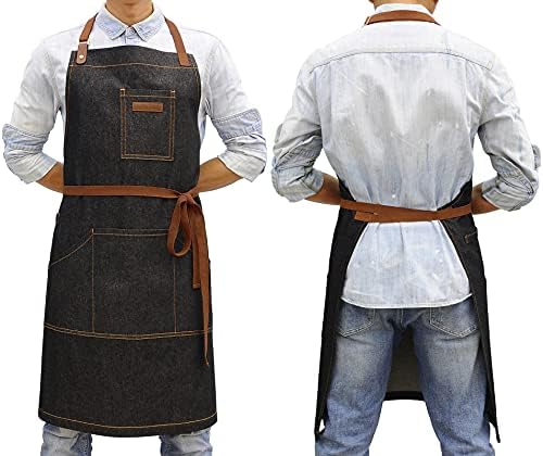 Black Kitchen Apron with Pockets & Towel Loop for Men Women, Denim
