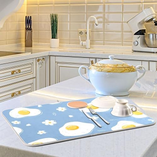 OTVEE Yellow Egg Art Dish Drying Mat for Kitchen Counter Absorbent
