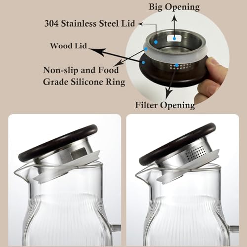 Glass Pitcher with Wooden Lid, 68 fl.oz Square Glass Carafe with