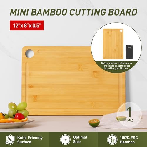 Bamboo Wood Cutting Board for Kitchen 12" x 8" Mini Wooden Charcuterie