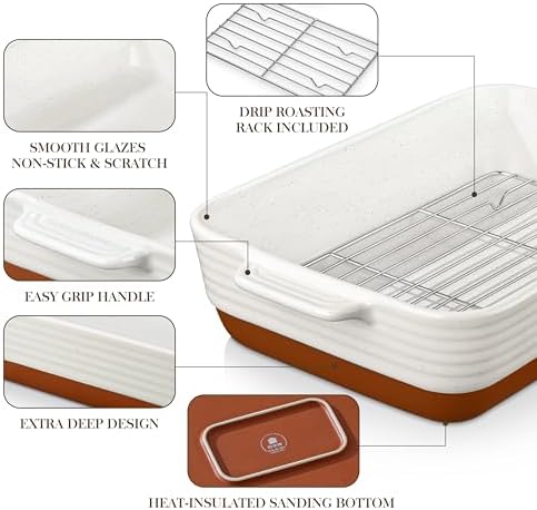 MALACASA Casserole Dishes for Oven with Roasting Racks, Ceramic Baking