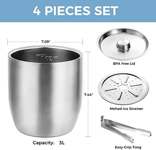 Tiken 3L Double-Wall Vacuum Insulated Ice Bucket with Lid & Tong