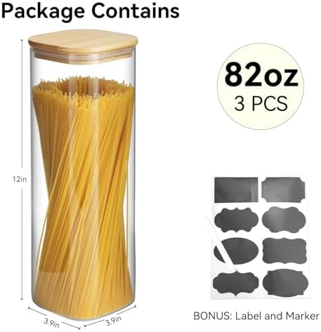 Glass Spaghetti Pasta Storage Container - 3 Pack 2.5 QT Airtight Food