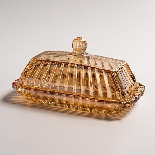 Champagne Color Glass Butter Dish with Lid for Countertop