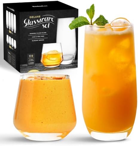 Kitchen Lux Drinking Glasses Set of 8 - Highball Tumbler & Rocks