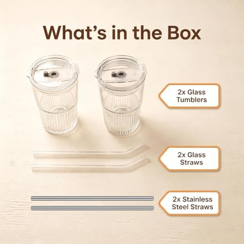 Glass Tumbler with Straw and Lid 16 oz Ribbed Glass Coffee Cups