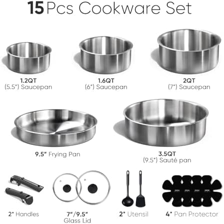CAROTE 15pcs Tri-Ply Stainless Steel Cookware Set with Detachable