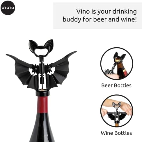 OTOTO Vino Spooky Bat 2-in-1 Wine & Beer Opener, Corkscrew & Bottle