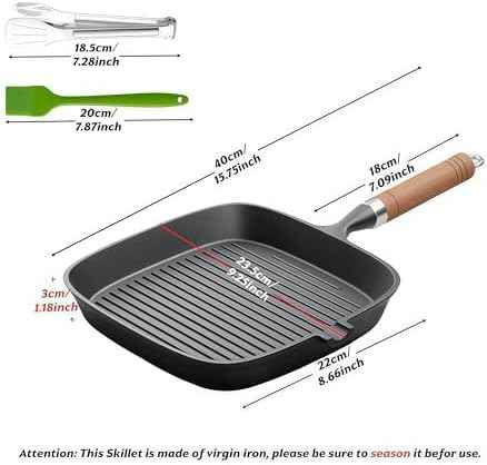 Cast Iron Grill Pan 9 Inch Griddle Pan Skillet with Kitchen Tong & Brush for Steak Searing