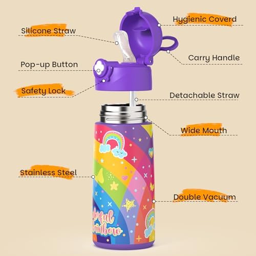 Girls Insulated Water Bottle with Covered Pop-Up Straw,16 oz Kids Cups