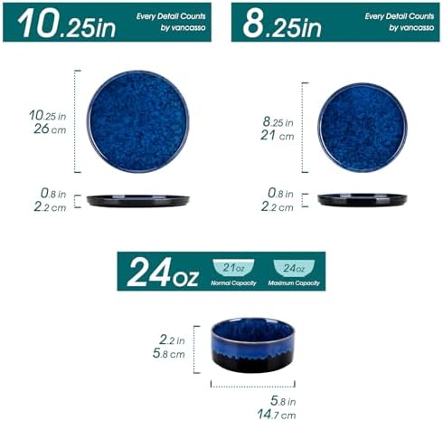 vancasso Starry Plates and Bowls Sets for 8, 24 Pieces Blue Dinnerware Sets for Kitchen, Modern Stoneware Dishes Set, Dishwasher and Microwave Safe
