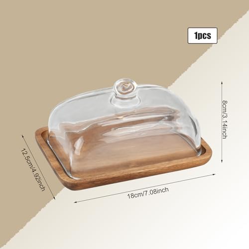 Glass Butter Dish with Lid, 1PC Wooden Wide Butter Holder for