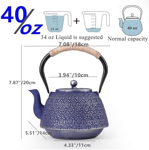 Cast Iron Japanese Tetsubin Tea Kettle, 40 oz, Blue