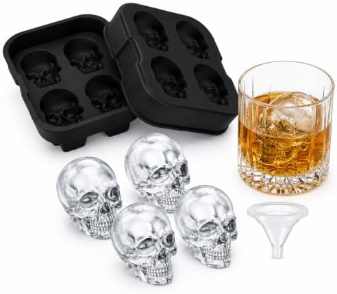 3D 4-Cup Skull Ice Cube Mold w/Reinforced Hard Base & Funnel Lid