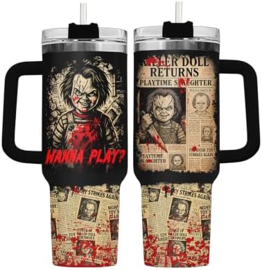34HD Killer Doll Horror Wanna Play 40 oz Tumbler with Handle