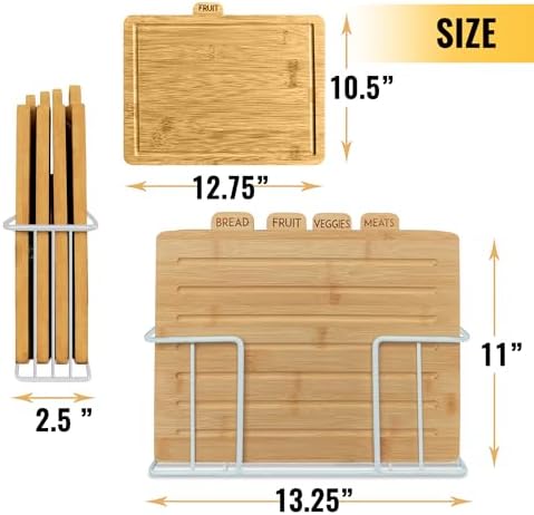Bamboo Cutting Board Set with White Holder, 4 Labeled Boards