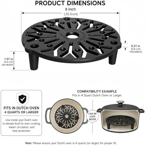 8 INCH Cast Iron Trivet, Meat Rack Grate for Raise Food in Dutch Oven