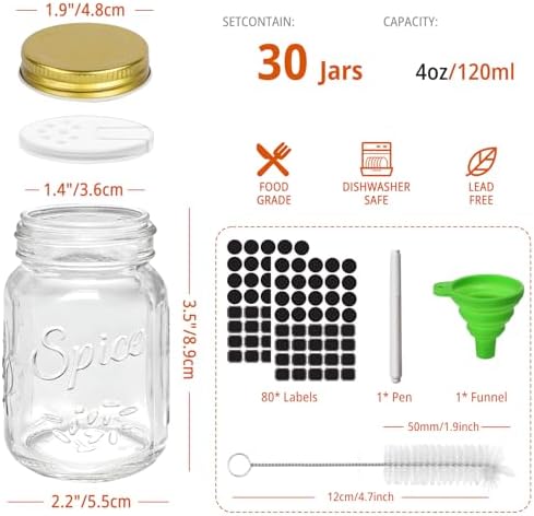 CycleMore 30 Pack 4oz Glass Mason Spice Jars, Round Spice Containers