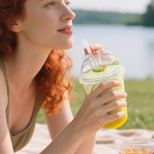 Qsqwsuye 16oz 50 Set Disposable Plastic Cups with Dome Lids and Straws