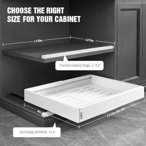 Seinloes 4 Pack Expandable Pull Out Cabinet Organizer 21"Deep With Raising Pad for Framed Cabinets,Upgrade 3 Slide Rails Slide Out Drawers,No Drill Roll Out Shelves,Adjustable Width 12.1"-20.4" White