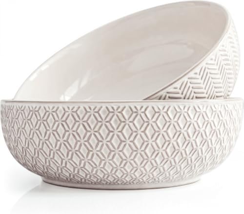 KooK Ceramic Serving Bowls, Embossed, Oven Safe, Set of 2, Ivory