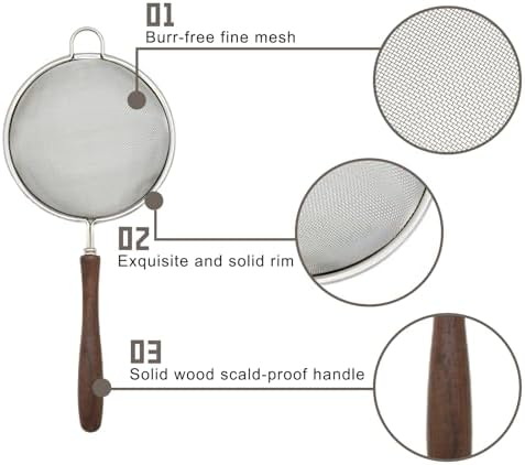 Flylin 3Pcs Stainless Steel Silver Walnut Long Handle Mesh Strainer