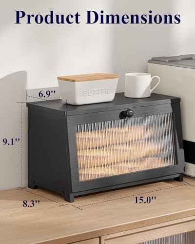 Kitsure Wooden Bread Box for Kitchen Countertop, 1-Tier, Black