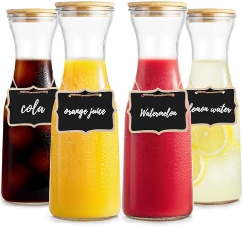 Glass Carafe with Bamboo Lid, Round 35 Oz Beverage Dispensers Carafe