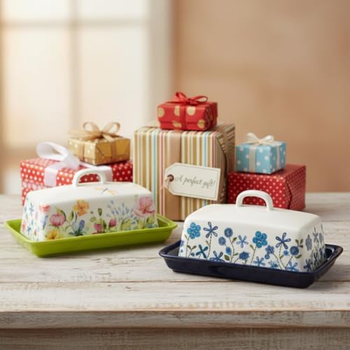 Ceramic Butter Dish with Lid for Countertop and Refrigerator Door